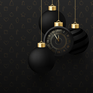 Happy New Year 2019 poster with clock and Christmas balls.
