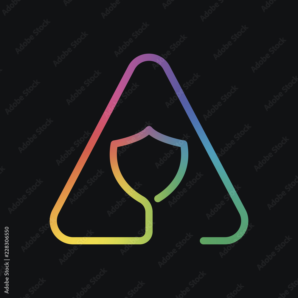 Poster shield in warning triangle. problem with protect. linear icon with thin outline. one line style. rai