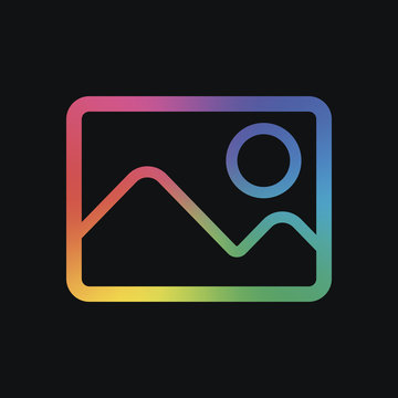 Picture with couple of mountains and sun. Simple linear icon. Rainbow color and dark background