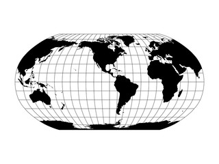 World Map in Robinson Projection with meridians and parallels grid. Americas centered. Black land with black outline. Vector illustration.