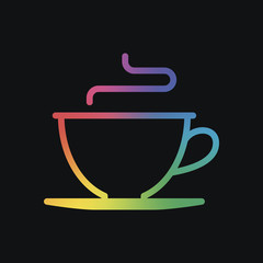 Simple cup of coffee or tea. Linear icon, thin outline. Rainbow color and dark background