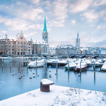 Old Zurich town in winter, view on lake