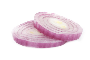 two slices of red onion isolated on white