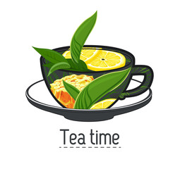 Cup of tea with  tea leaves honeycomb and lemons logo template design. Trendy style with cup of tea leaves, honeycomb and lemons. Element for design invitations, gift cards, flyers and brochures.