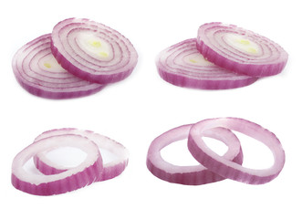 set of slices  red onion isolated on white background