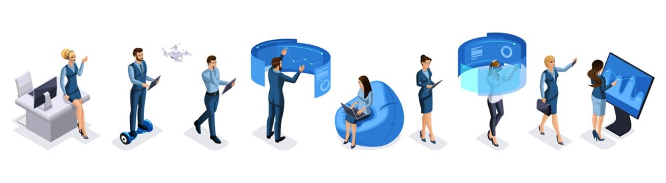 Isometric Set Of Modern Businessmen And Business Ladies With Gadgets, Smartphone, Tablet, Video Shooting, Laptop, Drone Quadrocopter, Vector Illustration