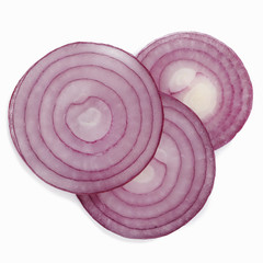three slices of red onion isolated on white background