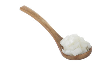 Fototapeta na wymiar slices of white onion in wooden spoon isolated on white background