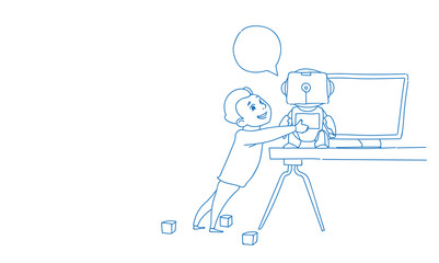 Boy using laptop computer modern robot futuristic artificial intelligence technology concept sketch doodle horizontal vector illustration