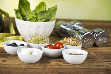 Fitness, healthy food, exercise equipment.