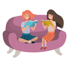 women sitting in sofa with book avatar character