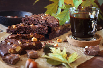 Autumn mood. Kladdkaka, Swedish chocolate cake and cup of coffee