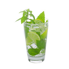glass with mojito with lemons, mint and lime isolated on white