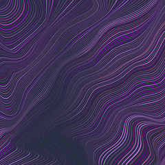 Vector warped lines purple background. Modern abstract creative backdrop with multicolor variable width stripes. Twisted stripes optical illusion. Moire waves.