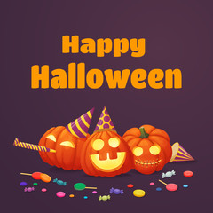 Happy halloween poster design. Exited pumpkins in party hats with party blowout and sweets.