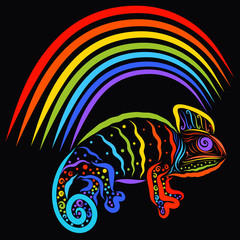 Colorful chameleon sitting under the rainbow, black background