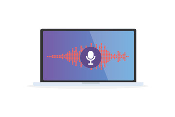 Voice recognition Personal assistant on mobile app. Concept flat vector illustration of device with microphone icon on screen and voice and sound imitation lines.