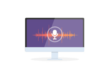 Voice recognition Personal assistant on mobile app. Concept flat vector illustration of device with microphone icon on screen and voice and sound imitation lines.