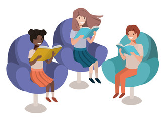 group of people sitting in sofa with book avatar character