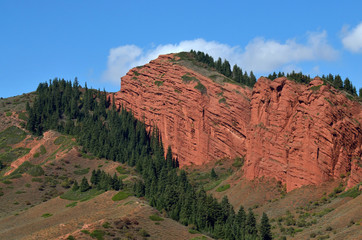 Red sandstone rock formations Seven bulls and Broken heart, Jeti Oguz canyon in...