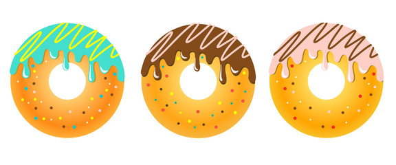 Set of three sweet donuts in the glaze and deco sprinkled