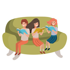 group of people sitting in sofa with book avatar character