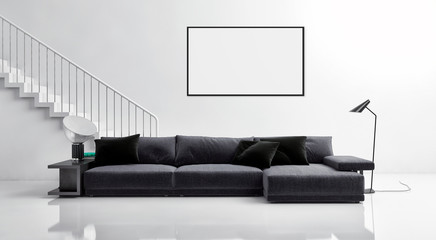 Modern bright interiors with mock up poster frame illustration 3D rendering computer generated image