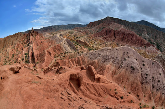 Colourful Skazka canyon,made by water and wind, located on the shore of Issyk-Kul lake,Kyrgyzstan,Central Asia