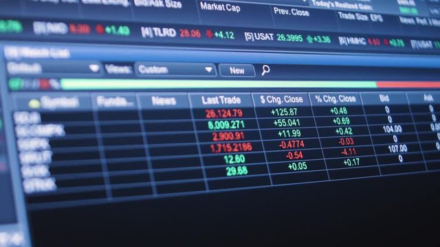 Stock market ticker symbol data flies across computer screen screen timelapse