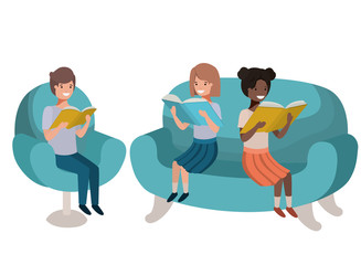 group of people sitting in sofa with book avatar character