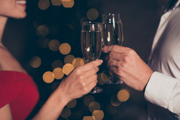 Cropped close up photo of holding hand of couple people with bev