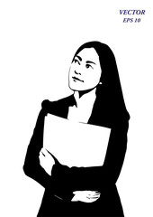 Vector silhouette of successful asian woman looking confident thoughtful. Businesswoman holding document folder and looking up, isolated on white background. EPS10
