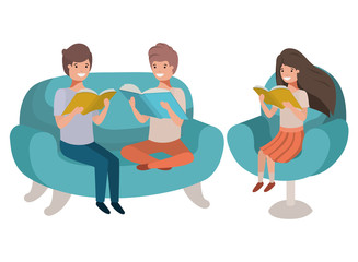 group of people sitting in sofa with book avatar character