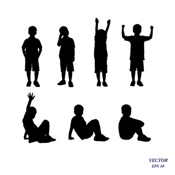 Vector silhouette of boy standing and siting in different poses.