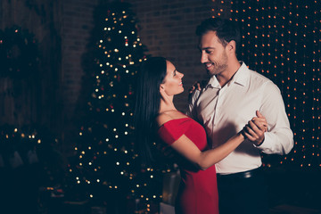Profile side view photo of man in formal wear dance with attract