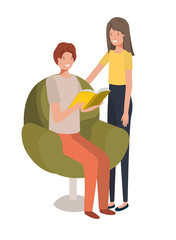 couple sitting in sofa with book avatar character