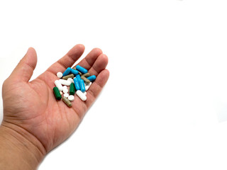 Men hand hold a lot of medicine on isolated background (white) with clipping path