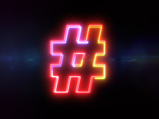 Hashtag sign - colorful glowing outline symbol on blue lens flare dark background
