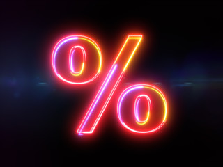 Percent symbol - colorful glowing outline symbol on blue lens flare dark background