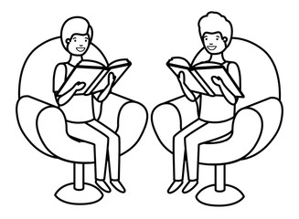 men sitting in sofa with book avatar character