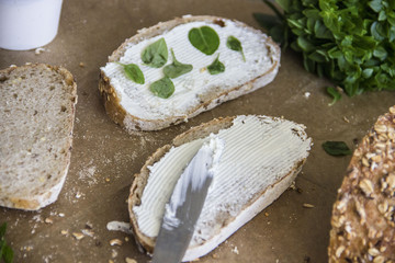 Top view on slices of whole grain bread spread with soft cheese on top and sprinkled with herbs on a dark background. Next table knife, green basil
