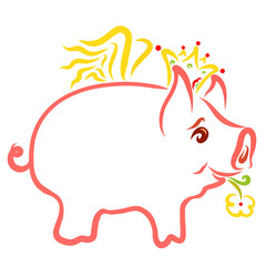 Fototapeta premium Poached pig in a crown with a flower in his mouth, a romantic prince