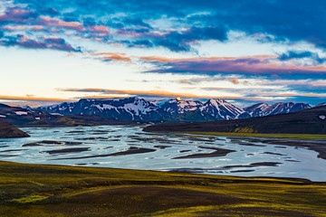 Volcanic landscape of the mountain and frozen lake