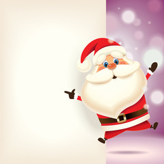Santa Claus jumping and showing retro blank signboard isolated on a purple background,Christmas greeting card