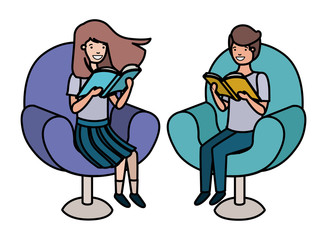 couple of children sitting in sofa with book avatar character