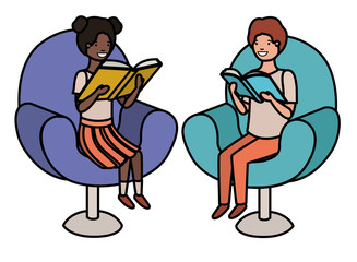 couple of children sitting in sofa with book avatar character