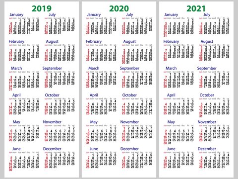 Calendar grid for 2019, 2020 and 2021 years set. The week starts on Sunday. One day off is Sunday. Simple vertical template in English.