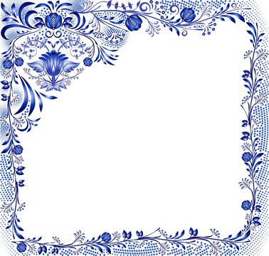 Blue floral pattern with flowers on a white background in the style of national porcelain painting. Square frame with corner element.