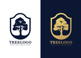 Gold and dark blue tree logo sign in Elegant shield frame vector design
