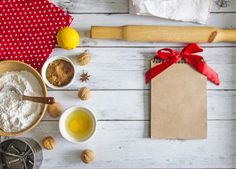 Christmas culinary background - herringbone cookies, ingredients, accessories for baking. There is a place for writing text recipe